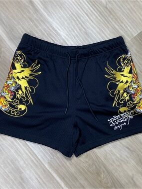 Ed Hardy Mesh Shorts Mens Medium Black Gold Metallic Tiger Eagle Graphic